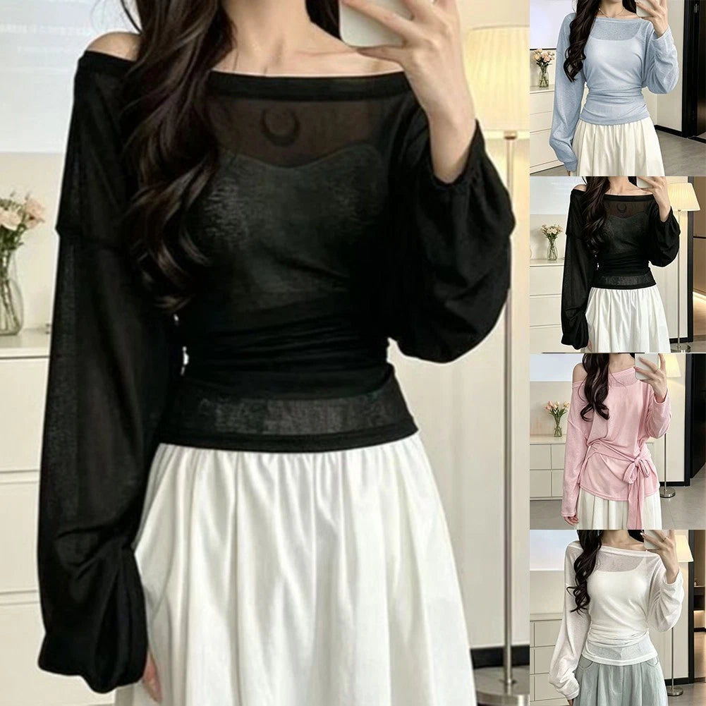 Women's Casual Loose Long Sleeve Boat Neck Top Sun Protection Shirt