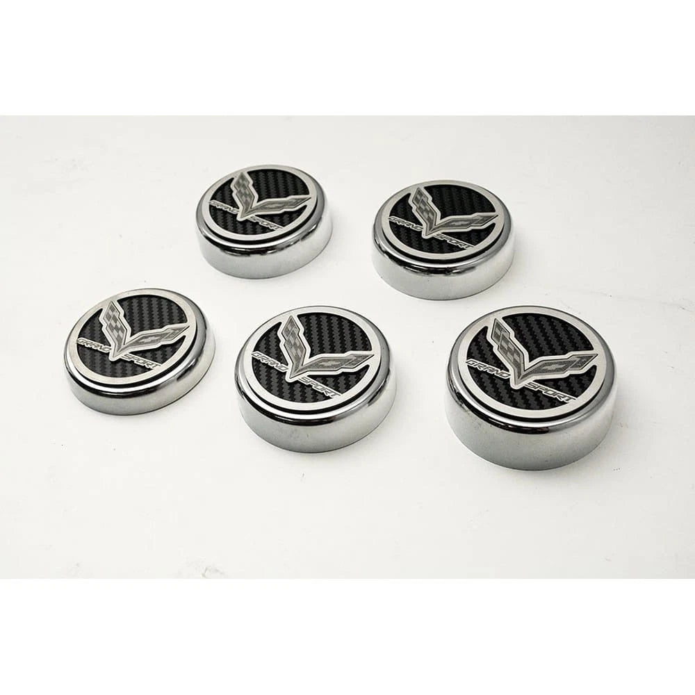 5pc Chrome Cap Covers w/Garnet Red Inlay&Flags for 2016-19 Corvette GS Automatic