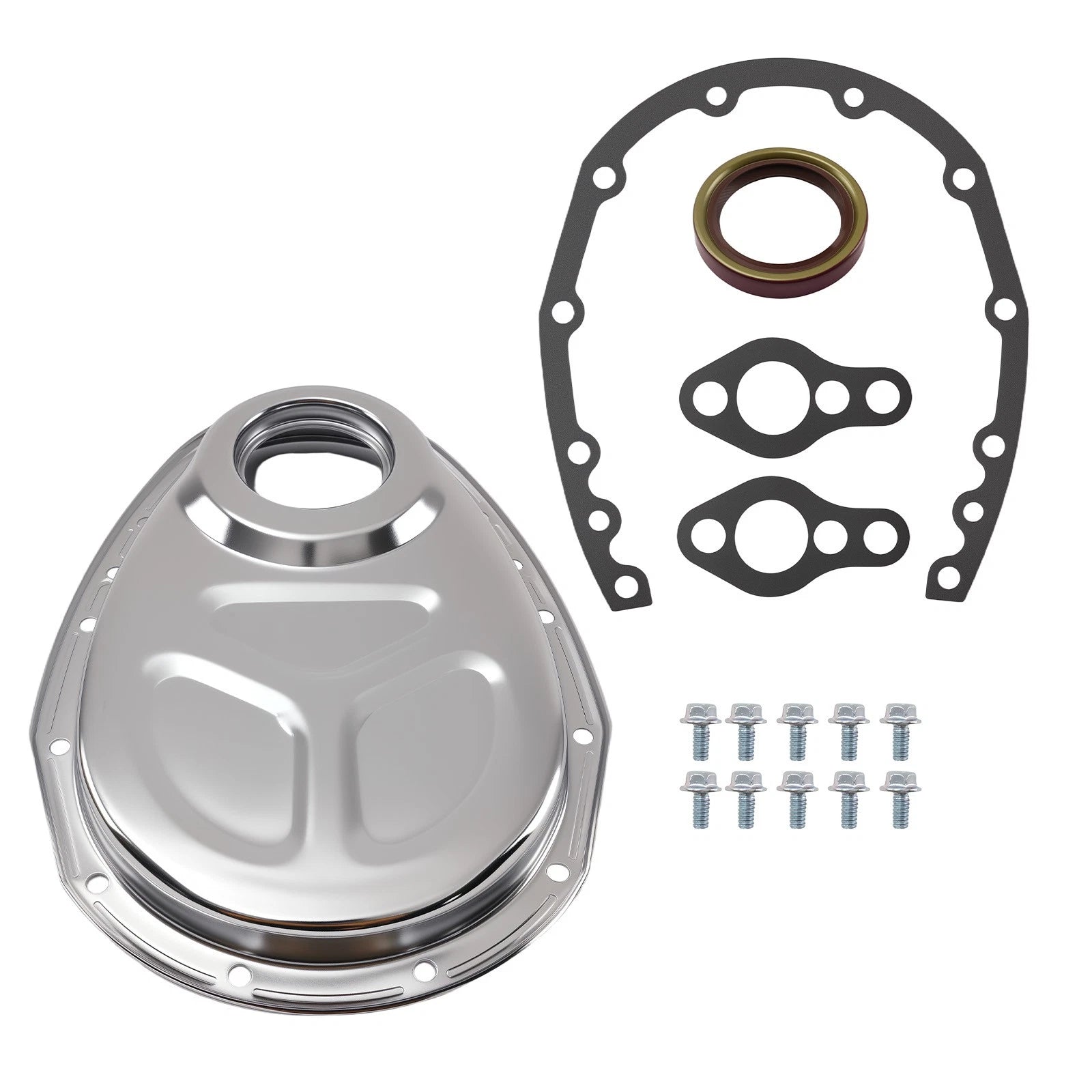 SBC Timing Chain Cover for Chevy 283 327 350 383 400 (1960–2002) w/ Bolts Washers Chrome