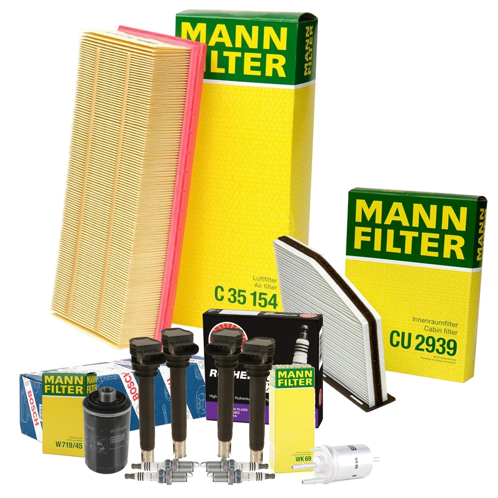 Set of 4 Mann Filters & 4 NGK RutheniumHX Spark Plugs for Audi VW