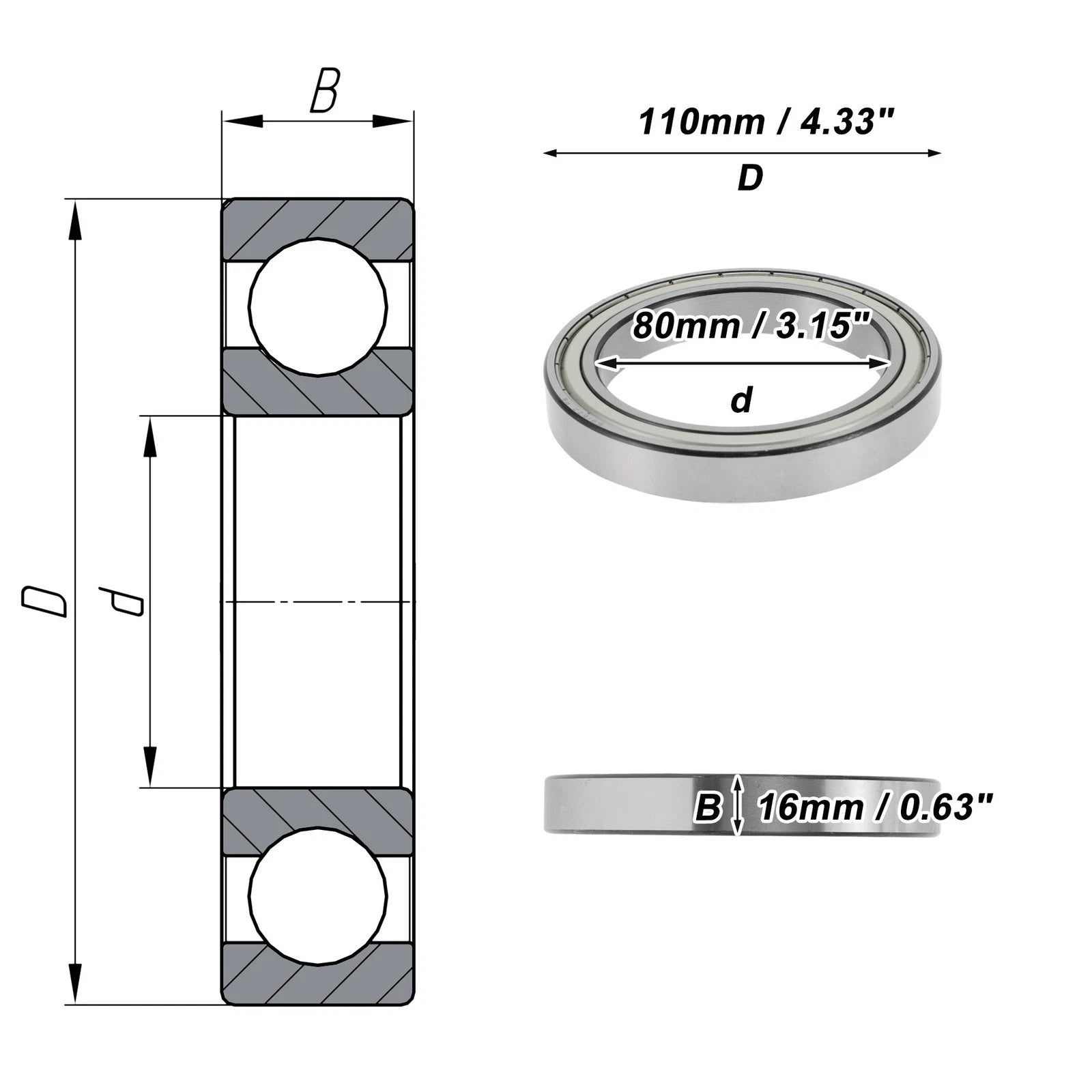 Deep Groove Ball Bearing 6916ZZ for Scooter Skateboard Wheel (80x110x16mm)