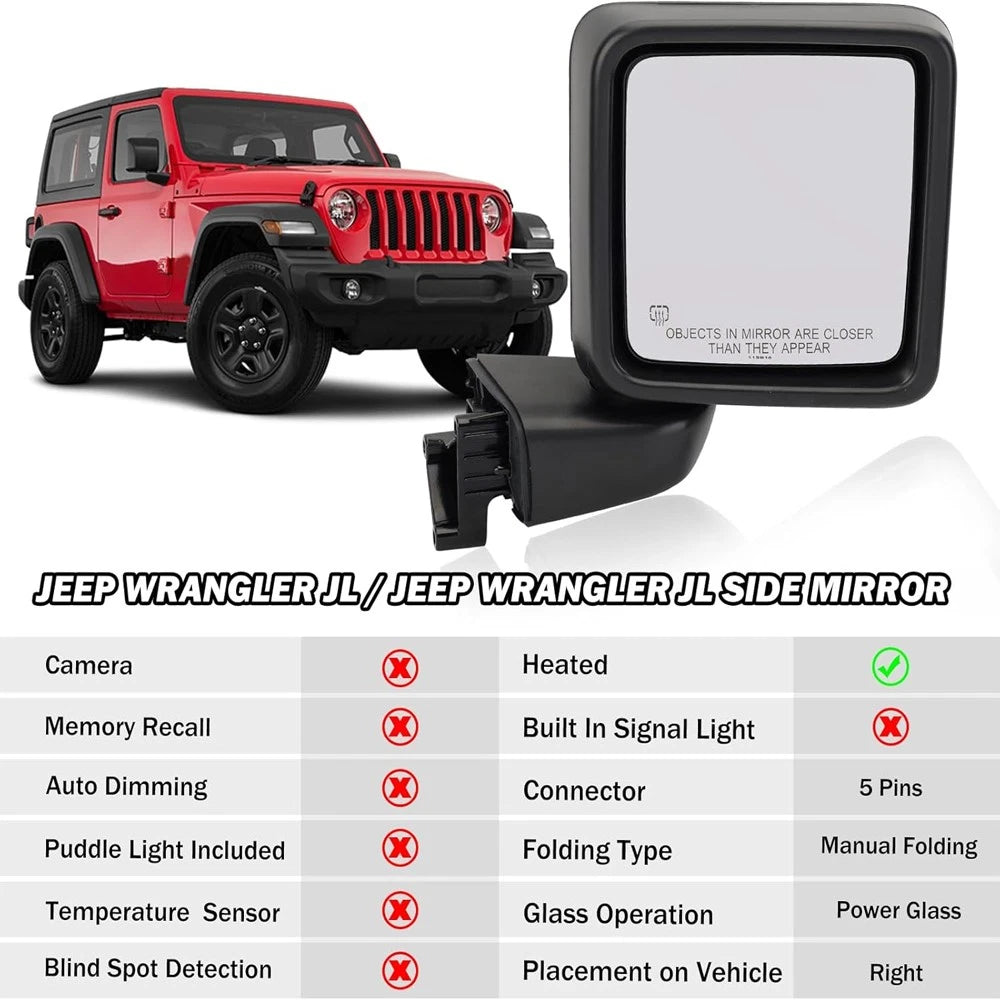 Pair Power Heated Mirrors for Jeep Gladiator Wrangler JL (2018–2024)