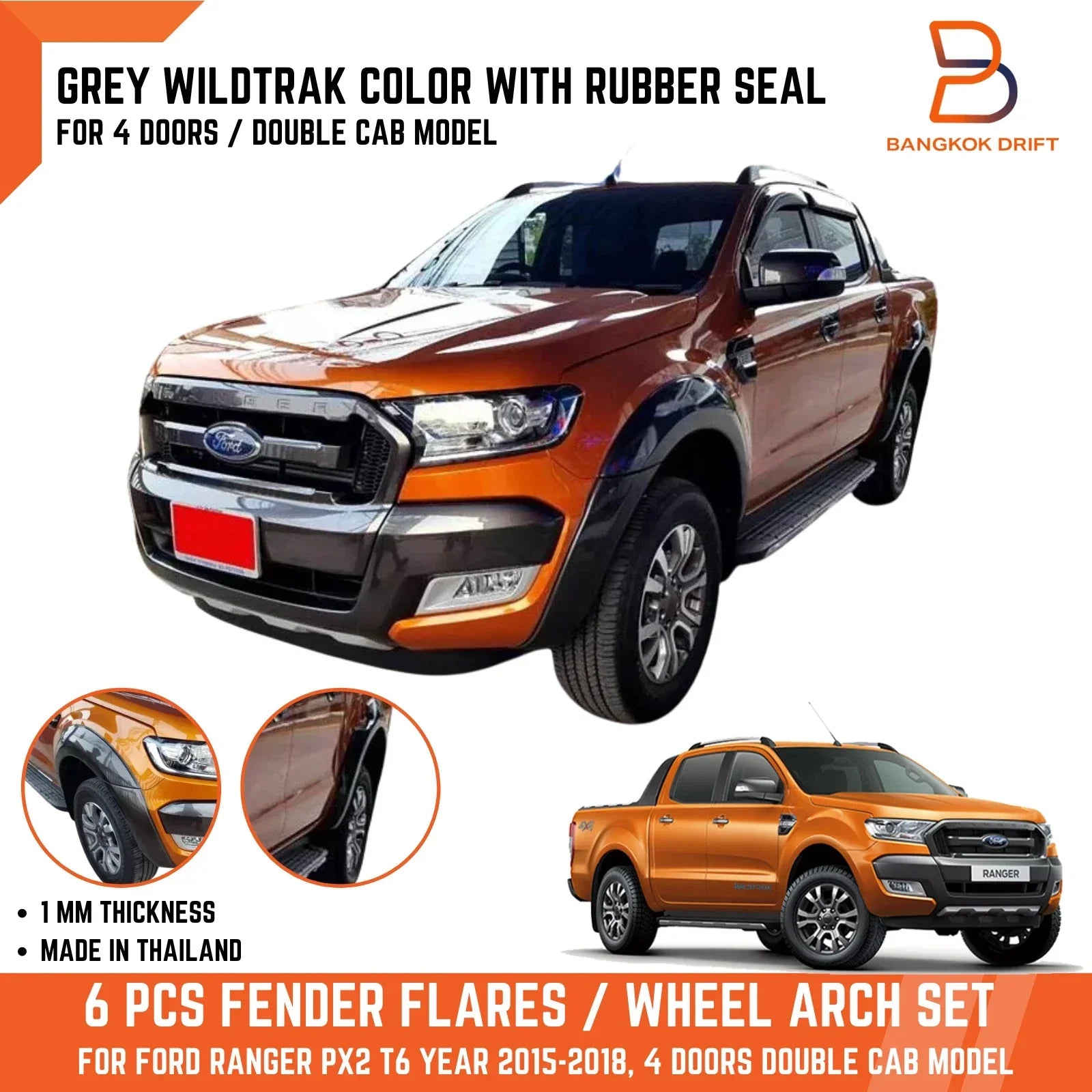 Fender Flares for Ford Ranger PX2 Ute 2015-2018 with Rubber Seal