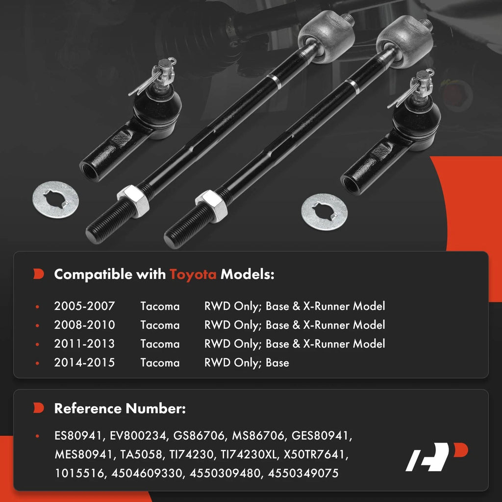 4x Front Inner & Outer Tie Rod End Kit for Toyota Tacoma (2005–2015) RWD