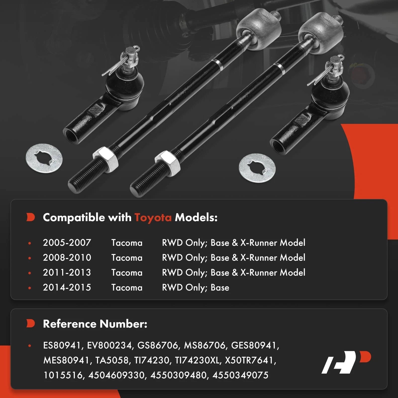 4x Front Inner & Outer Tie Rod End Kit for Toyota Tacoma (2005–2015) RWD