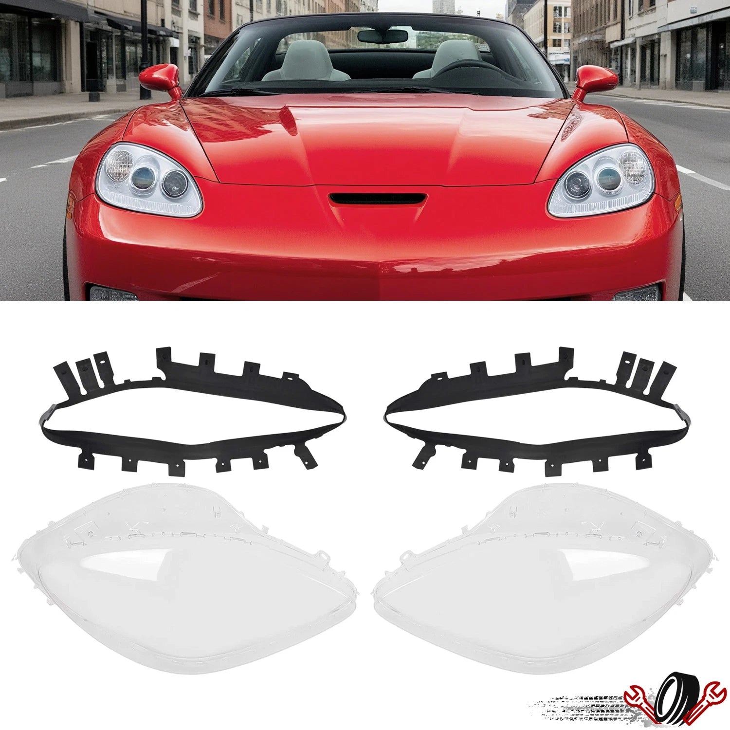 Replacement Headlight Lens for Chevy C6 Corvette (2005–2013) with Black Trim