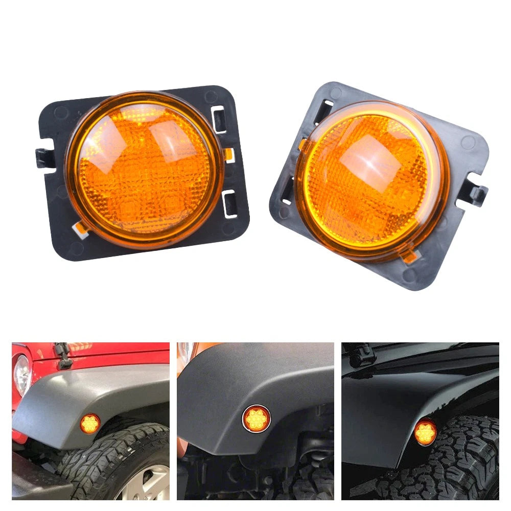 Pair Front Fender LED Side Marker Light Amber Lens for Jeep Wrangler JK (2007–2018)