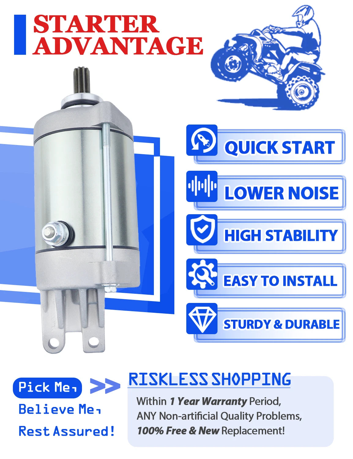 Starter Motor for Honda TRX650FA FourTrax Rincon 650 (2003–2005) With Relay