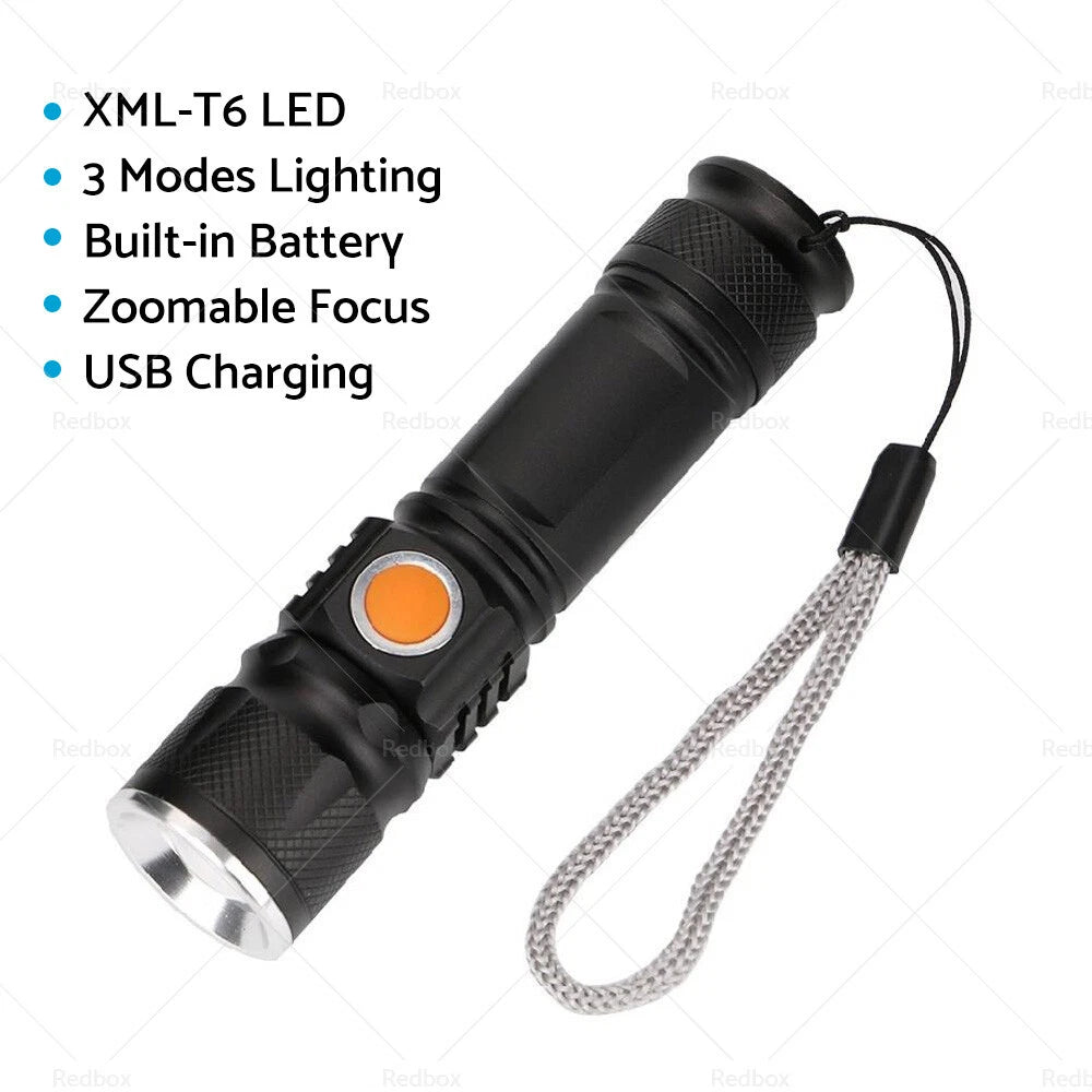 LED Flashlight Waterproof Torch - Black USB Rechargeable