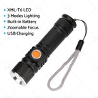 LED Flashlight Waterproof Torch - Black USB Rechargeable