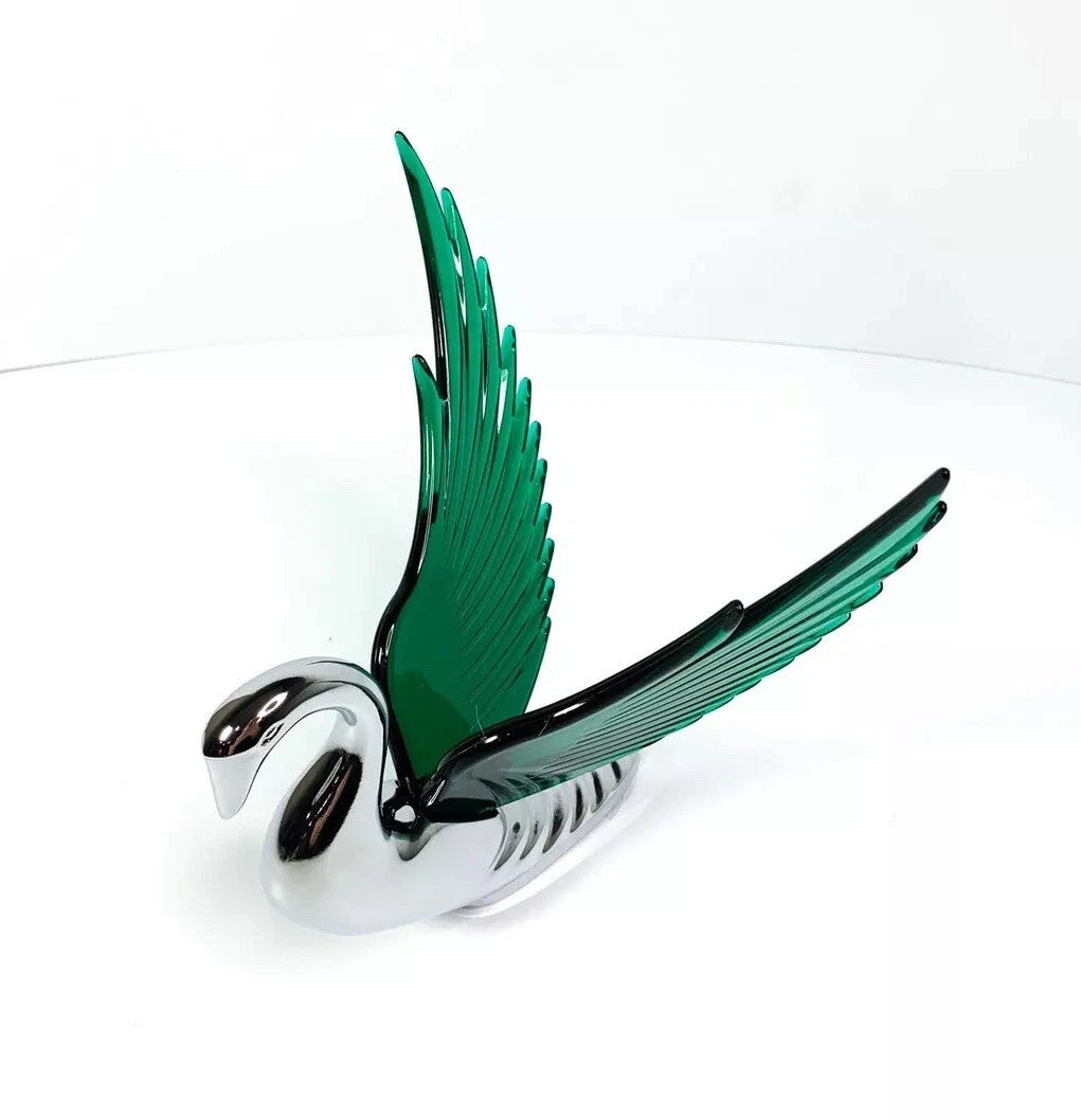 Hood Ornament Chrome Swan Bugler Green Wings for Universal Car (Any Year)