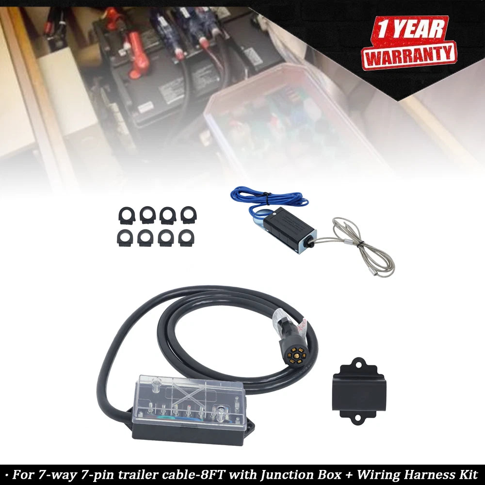 7-Way 7-Pin Trailer Cable with Junction Box & Wiring Harness Kit (8FT)