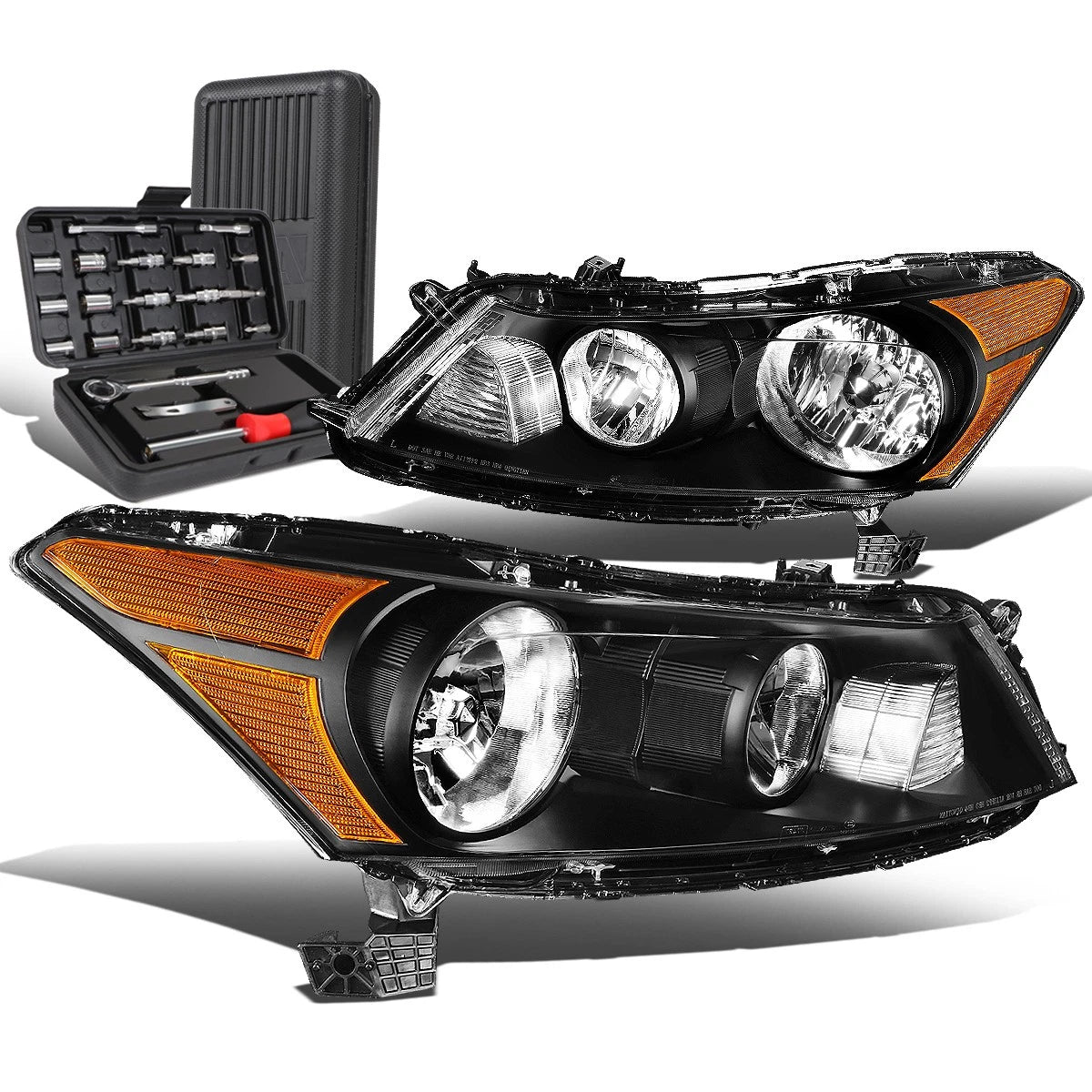 Pair of Side Headlight Lamps for Honda Accord Sedan (2008–2012) - Black/Amber