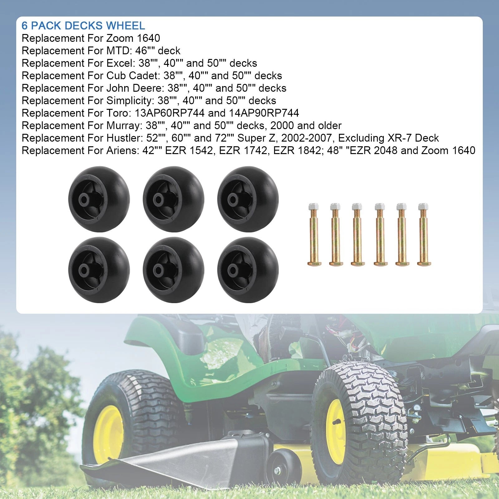 Set of 6 Heavy Duty Mower Deck Wheels for RZT50 RZT54 LT1050 SLT1554