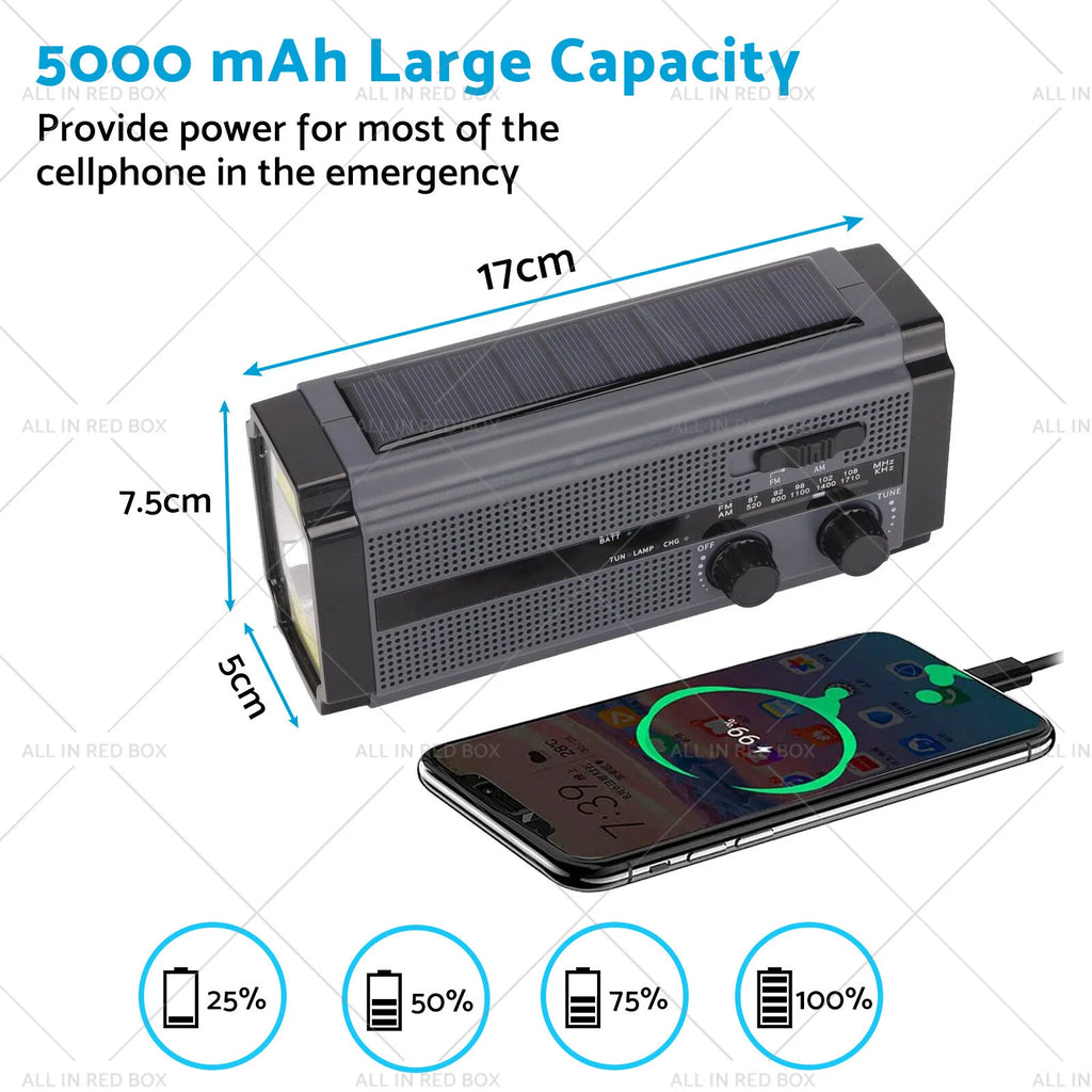 Solar Hand Crank Radio with 5000mAh Power Bank and Flash Light