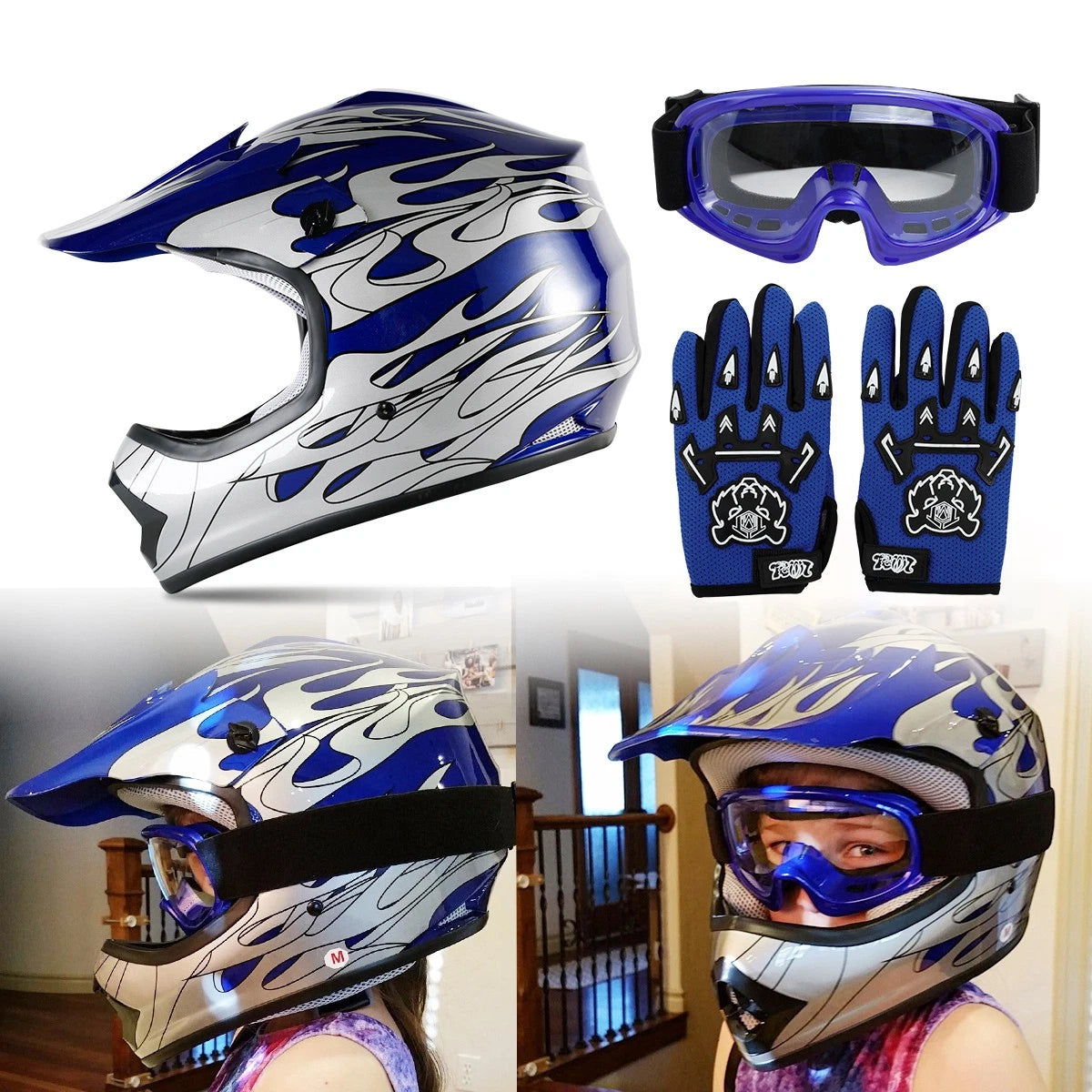 Dirt Bike ATV Motocross Helmet Set w/ Gloves & Goggles for Youth (M/L/XL)