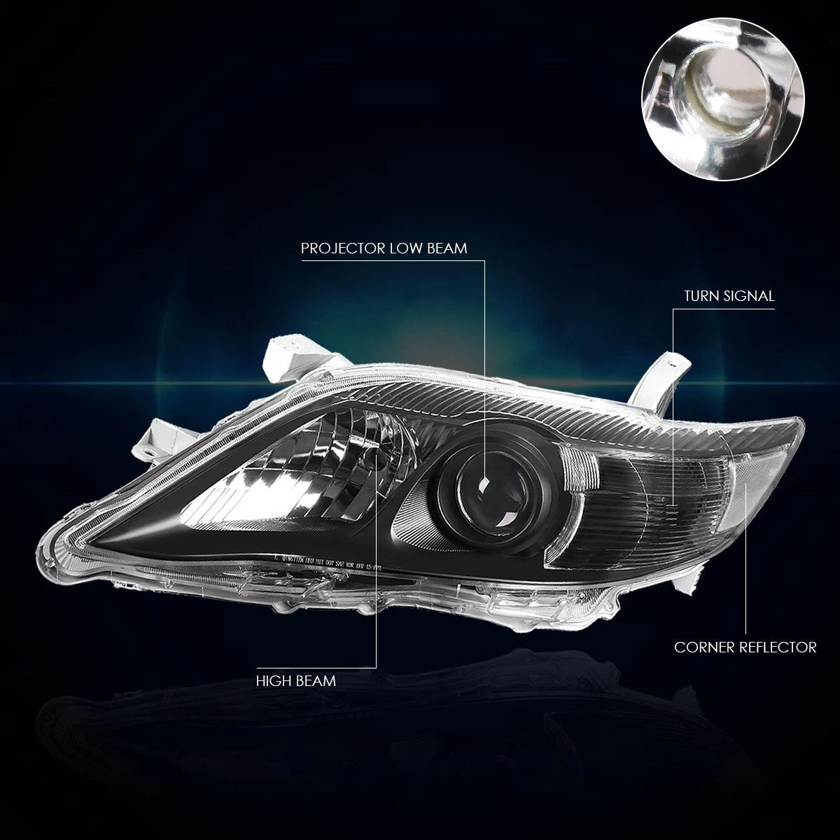 Projector Headlight for Toyota Camry (2010–2011) - Black Housing, Clear Lens