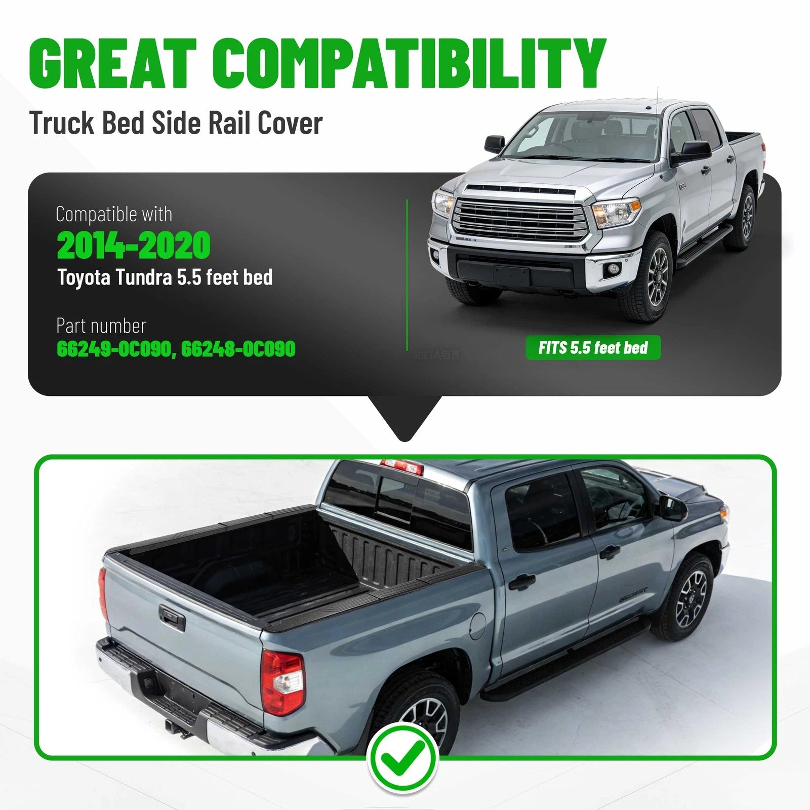 Set of 2 Truck Bed Side Rail Cap Covers for Toyota Tundra (2014–2020)