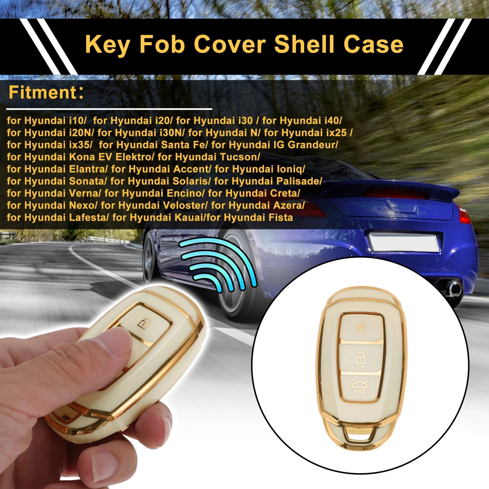 White Gold Edge Car Key Case for Hyundai i10 (2010–2023) - 3 Buttons