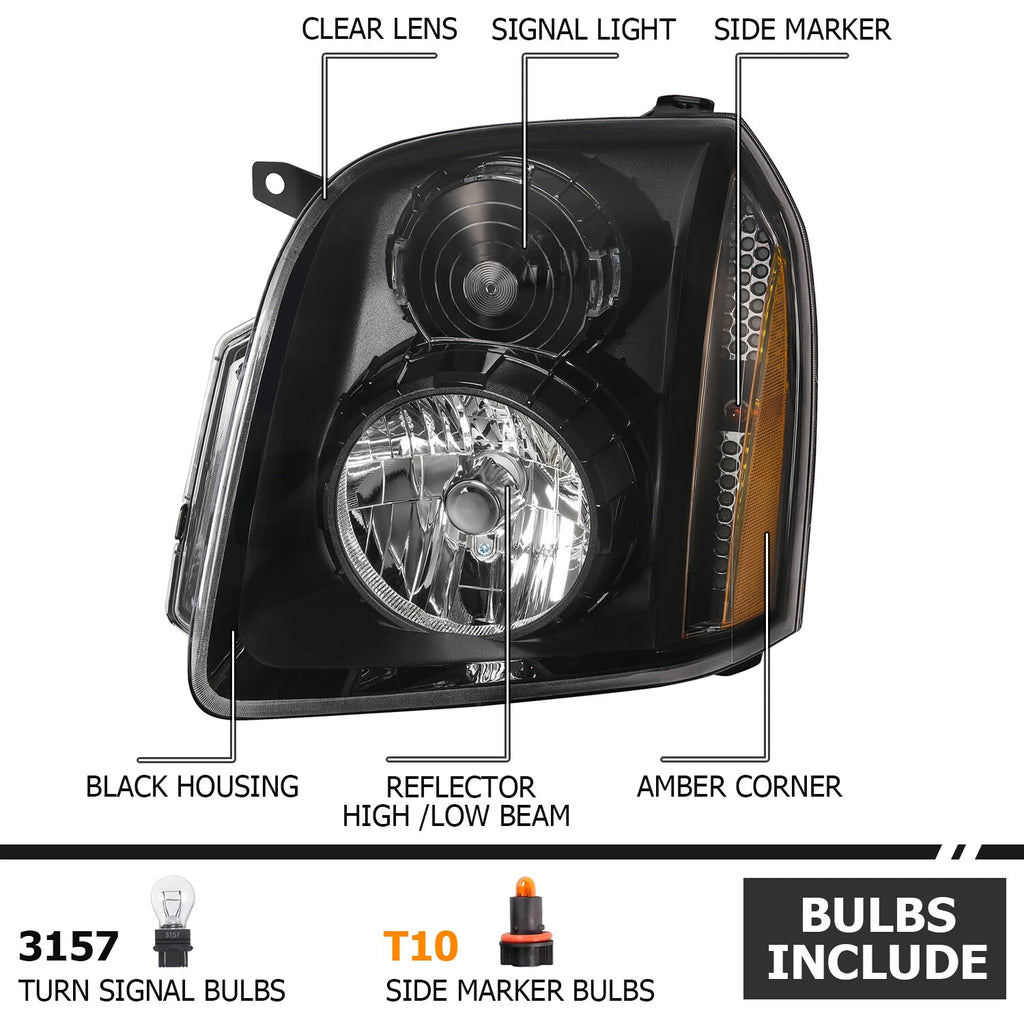 Headlight Assembly Set of 2 for GMC Yukon XL 1500 Denali (2007–2014) Black Housing
