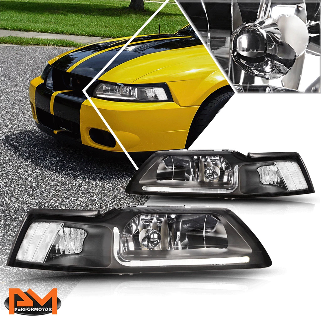 LED DRL Headlight Pair for Ford Mustang (1999–2004) - Black Housing, Clear Corner