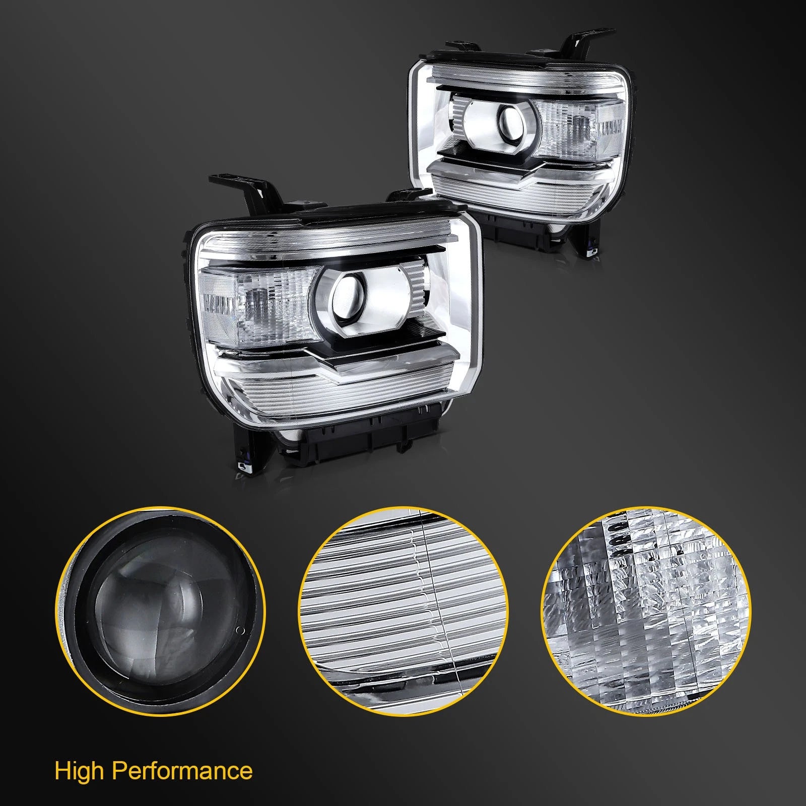 Headlight Assembly for GMC Sierra 1500 (2014–2019) Chrome Housing