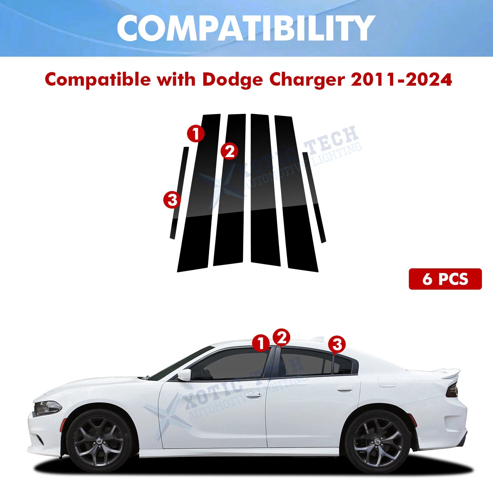 Piano Black Window Pillar Posts Door Trim Kit for Dodge Charger (2011-2024)