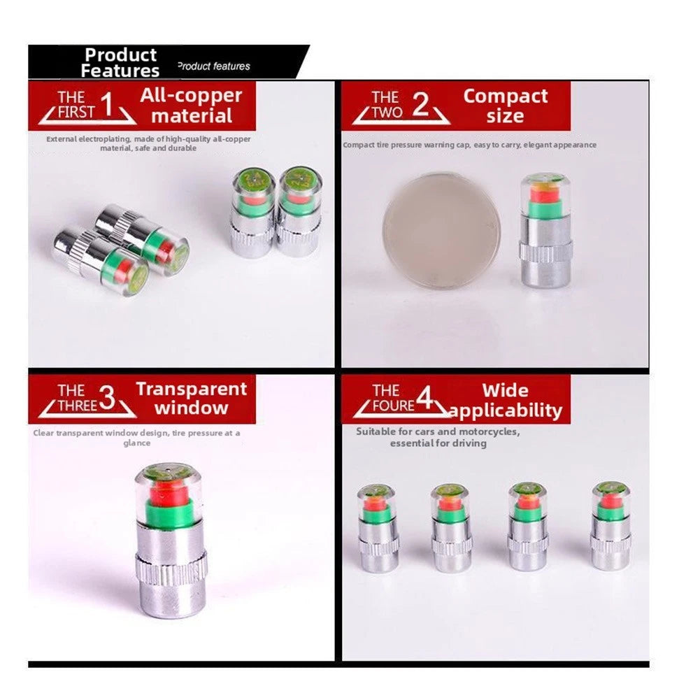 Set of 4 Visual Tire Pressure Valve Stems for Cars SUVs Trucks Motorcycle Silver