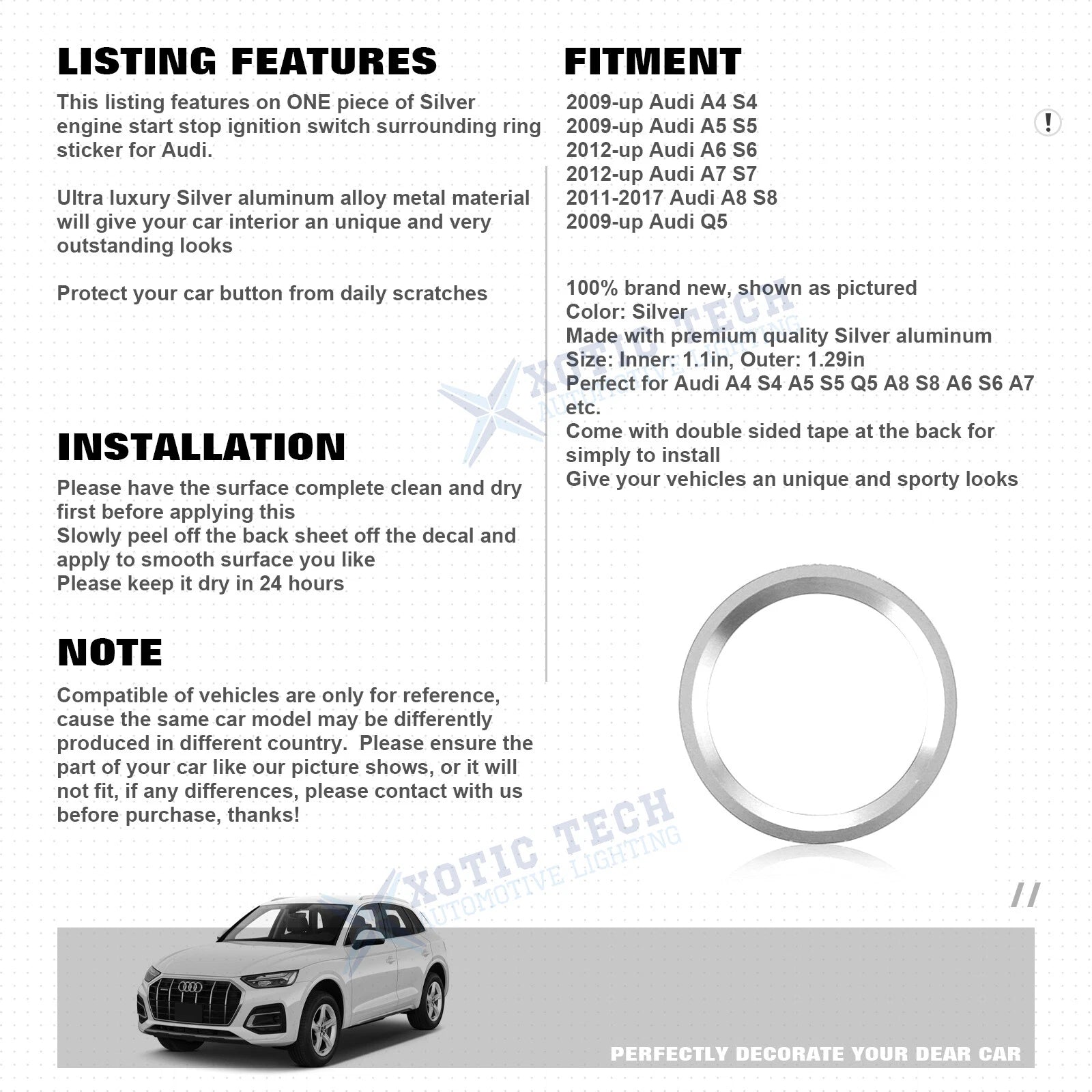 Engine Start Button Ring Cover Trim for Audi A4 A5 Q5 (2009-Up)