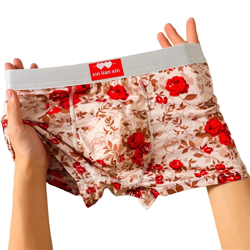 2X Ice Silk Boxer Shorts with Floral Prints for Men