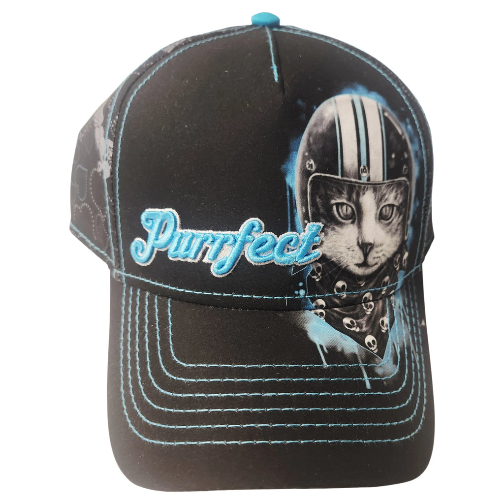 Motorcycle Helmet Cat Snapback Hat for Women - Black with Blue Stitching