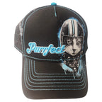 Motorcycle Helmet Cat Snapback Hat for Women - Black with Blue Stitching