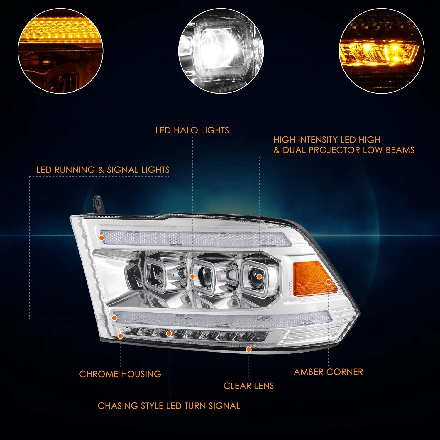 Switchback Sequential Signal LED DRL Projector Headlight for Ram 1500-3500 (2013–2024)