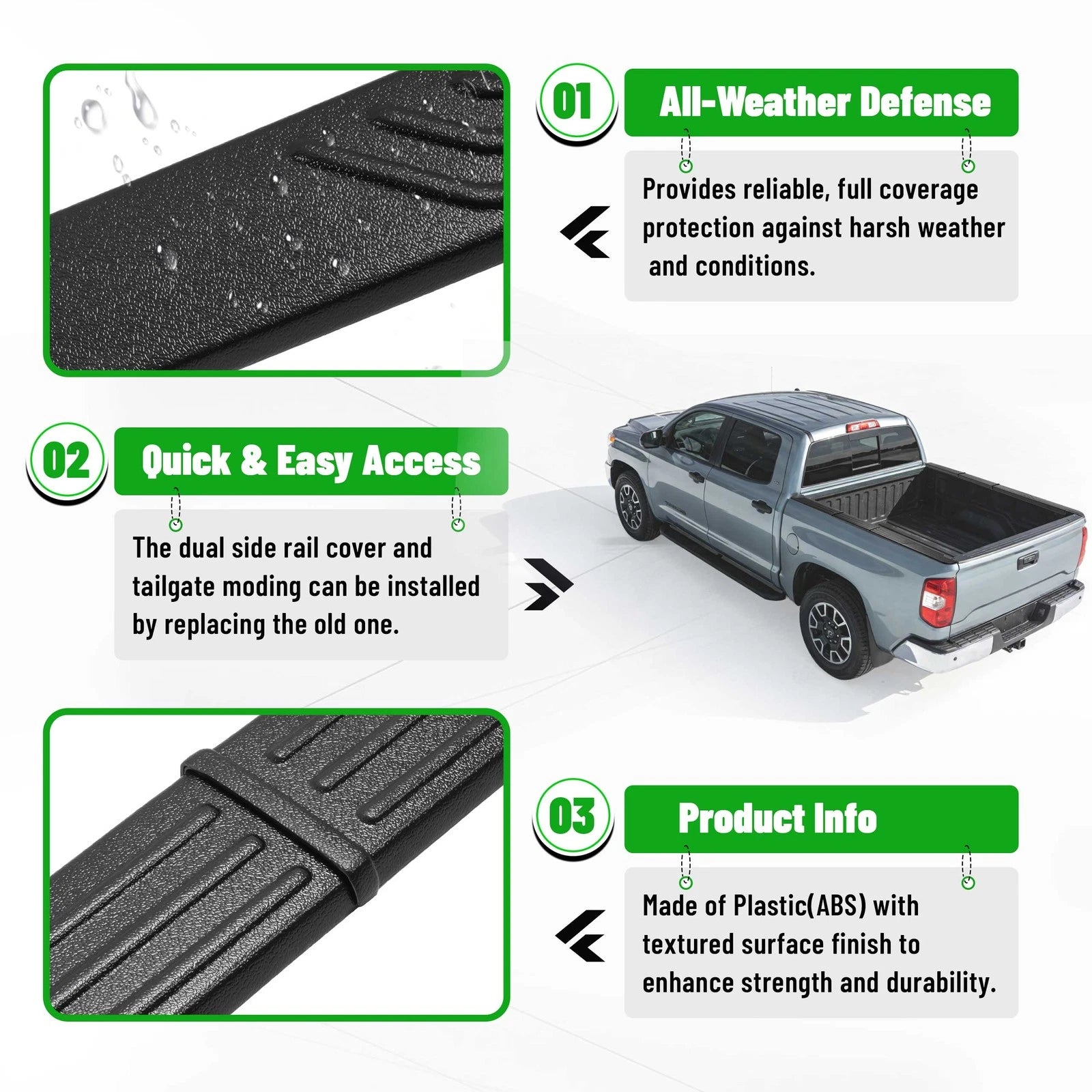 Set of 2 Truck Bed Side Rail Cap Covers for Toyota Tundra (2014–2020)