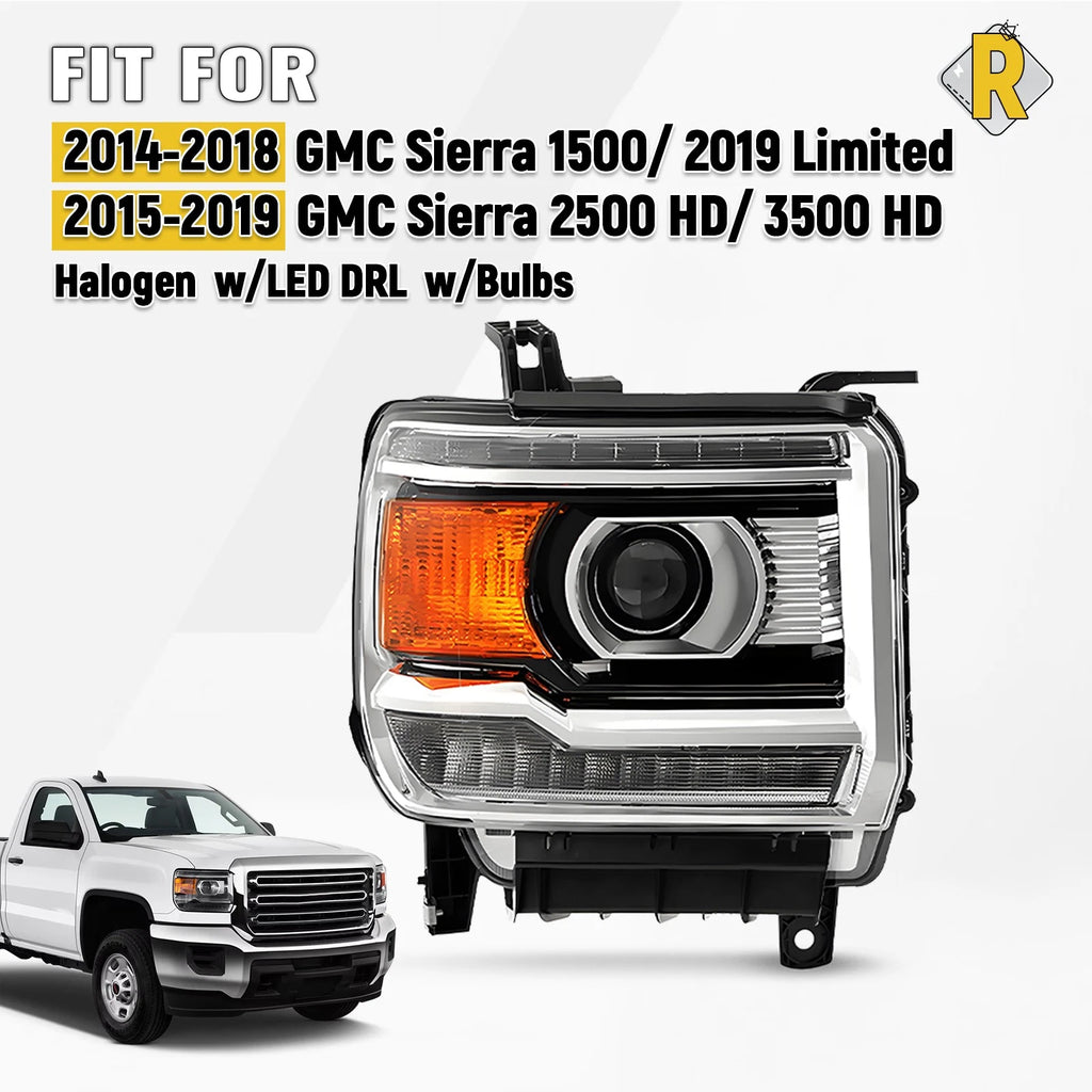 Halogen w/ LED DRL Headlight for GMC Sierra 1500 2500 HD 3500HD (2015–2019)