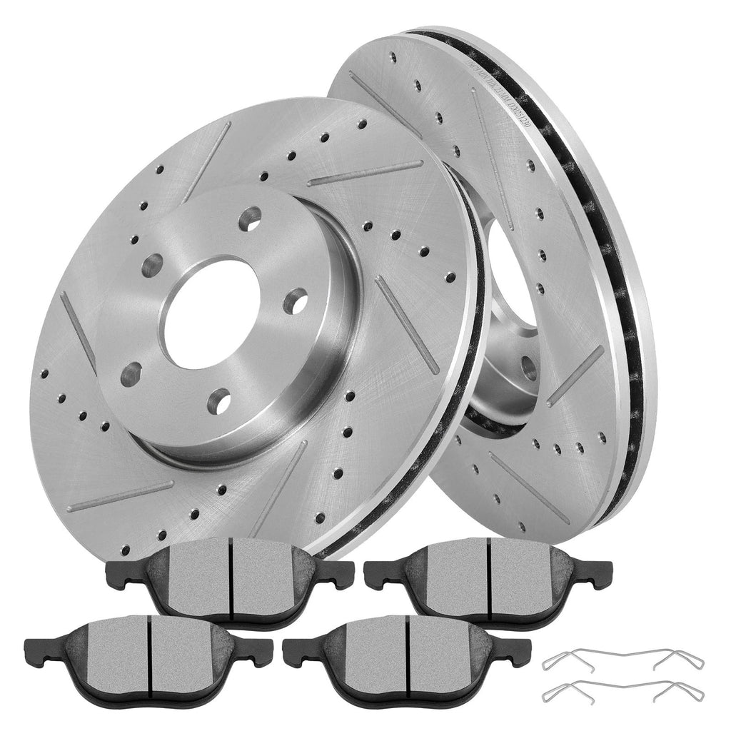 Front Brake Drilled & Slotted Rotors & Ceramic Pads for Ford Focus (2013–2016)