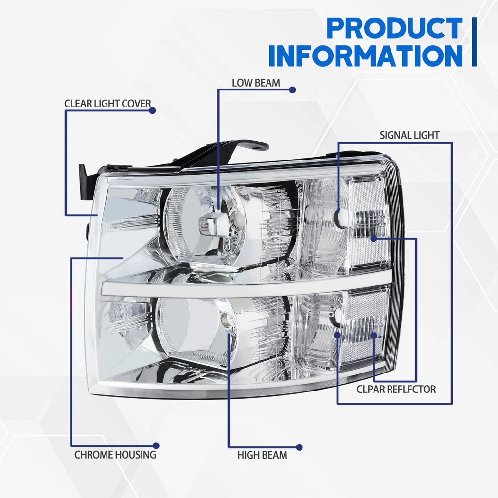 Headlight Assembly Pair Chrome for Chevy Silverado 2500HD 3500 (2007–2014)