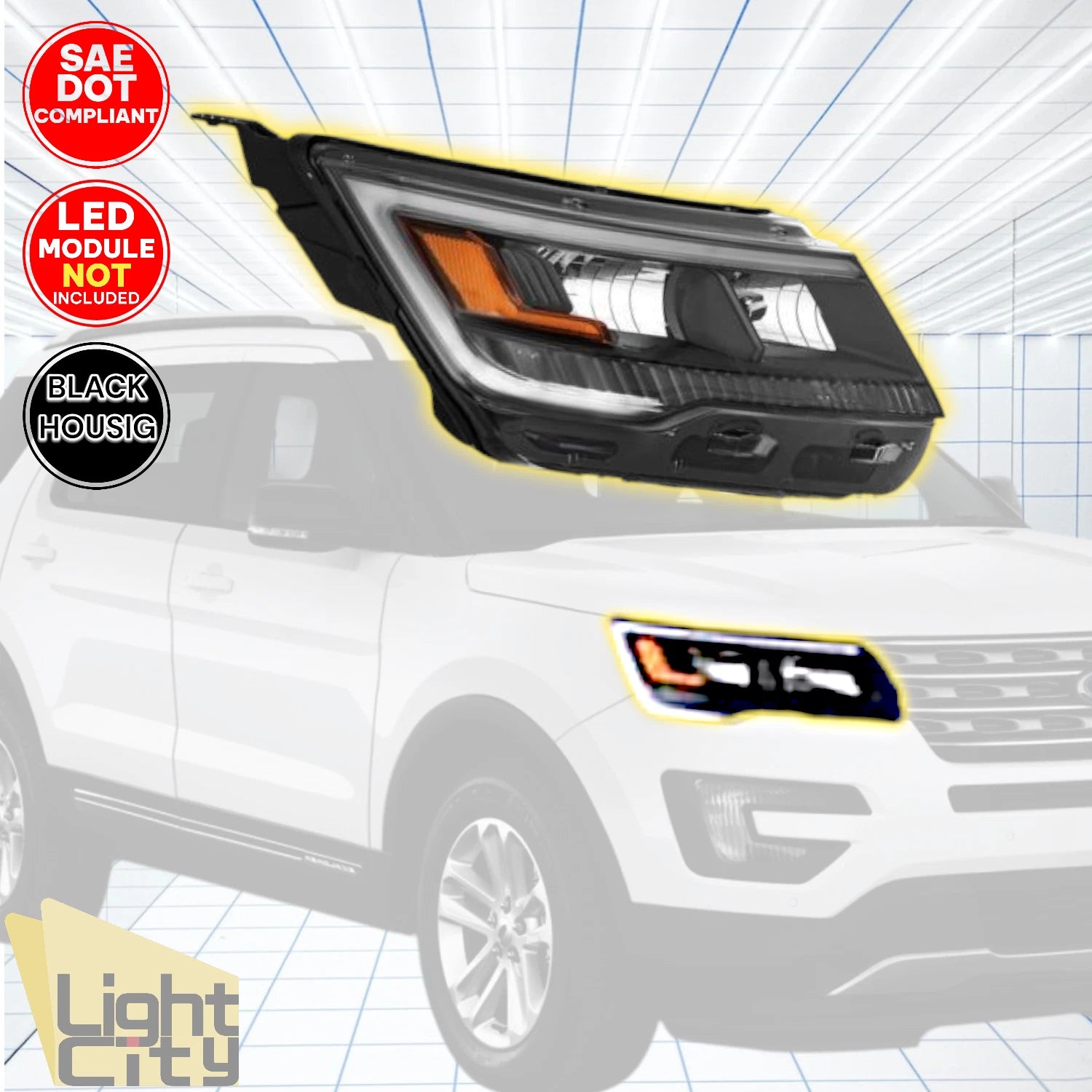 Passenger Side Headlight Assembly for Ford Explorer (2016–2017) RH, Black Bezel