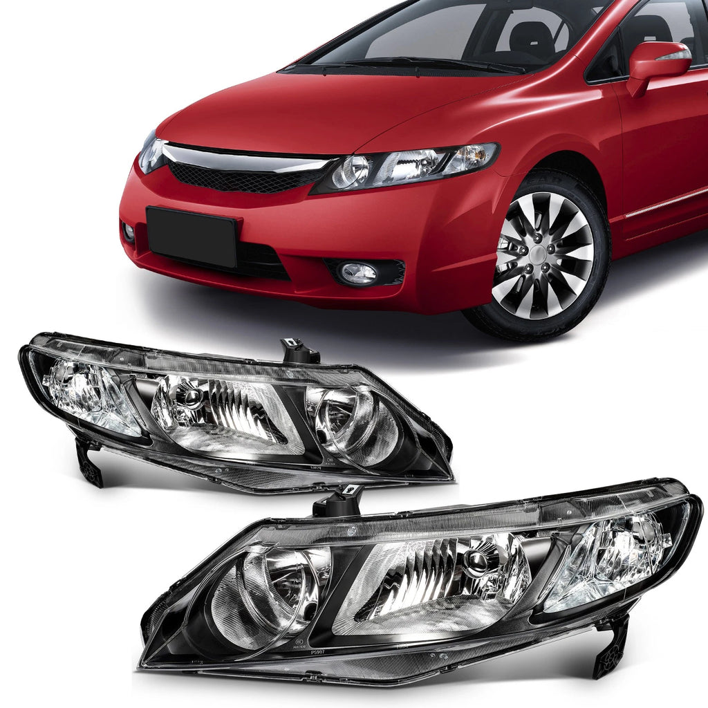 Set of 2 Black Halogen Headlights Assembly for Honda Civic (2006–2011)