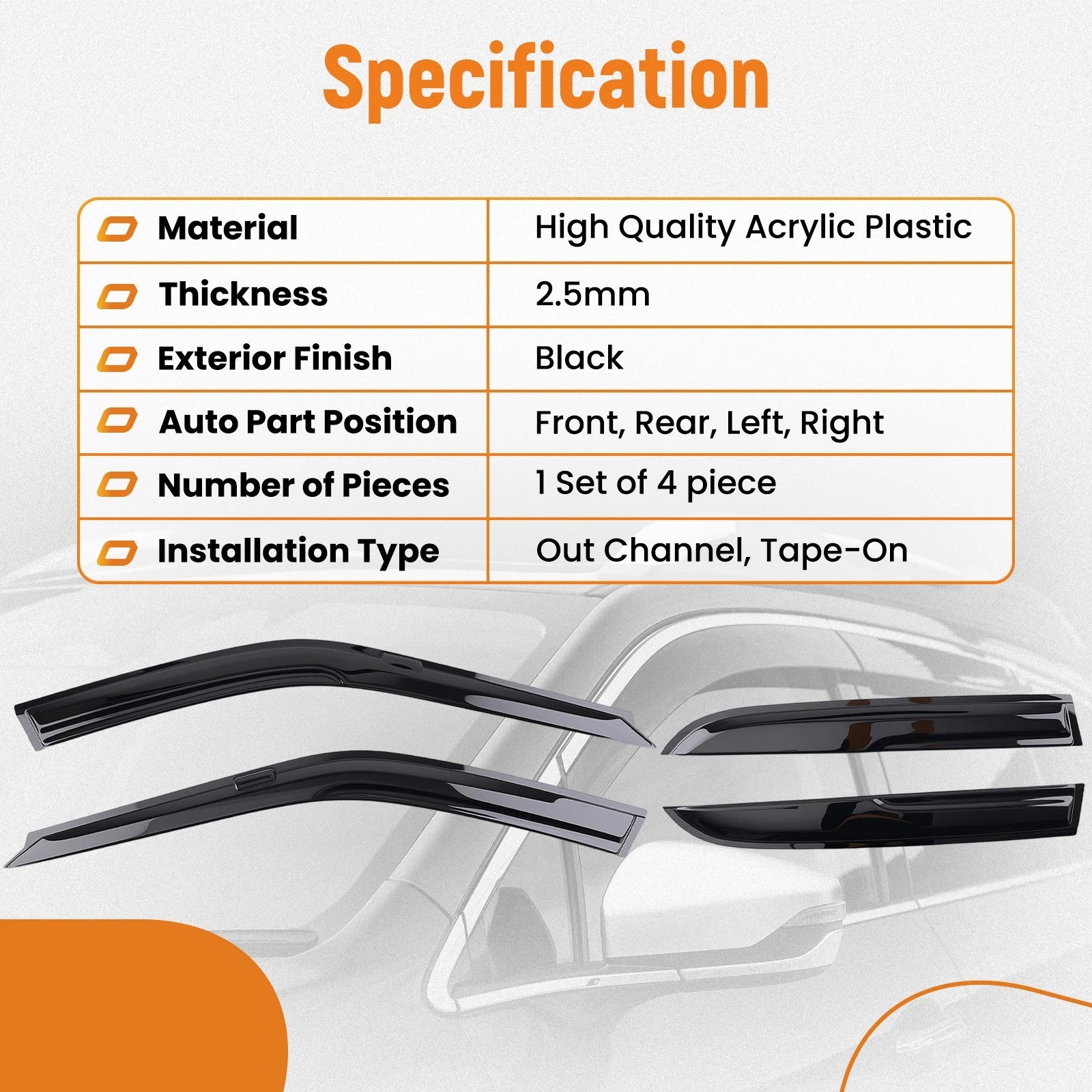 Set of 4 Black Window Rain Guards Wind Deflectors for Honda Accord (1990–1993)