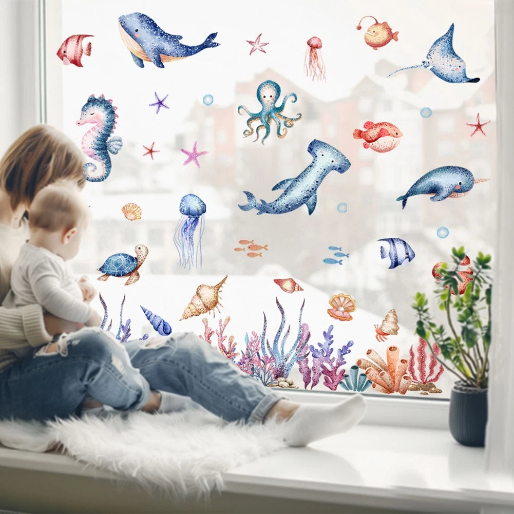 Static Cling Sticker for Glass 11.81x23.62in Double Sided Sea Creatures