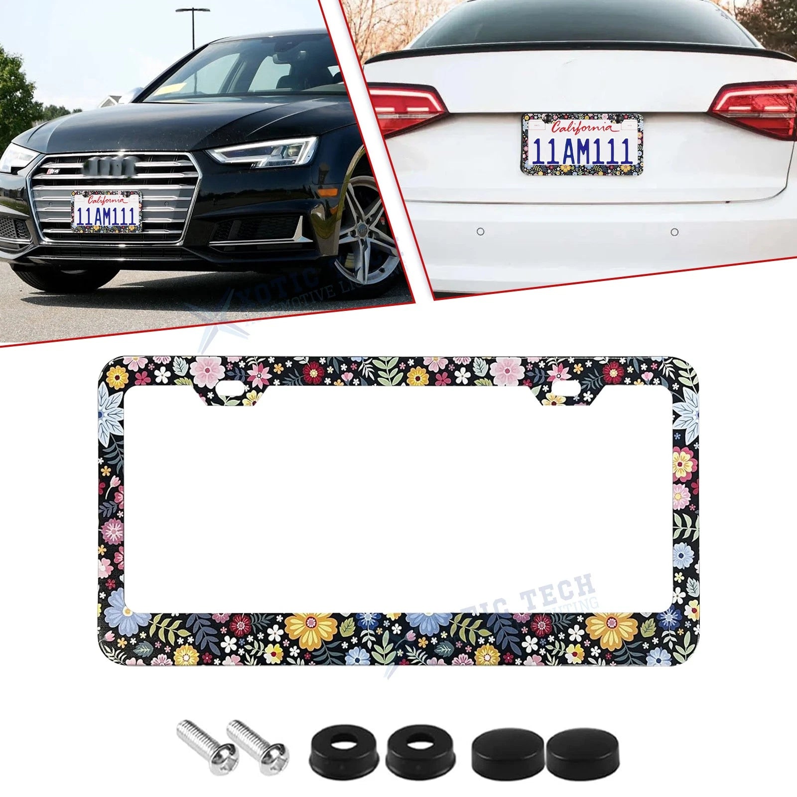 Floral License Plate Frame for Rust-Proof 12x6 Inch Standard Plates for Car (—)