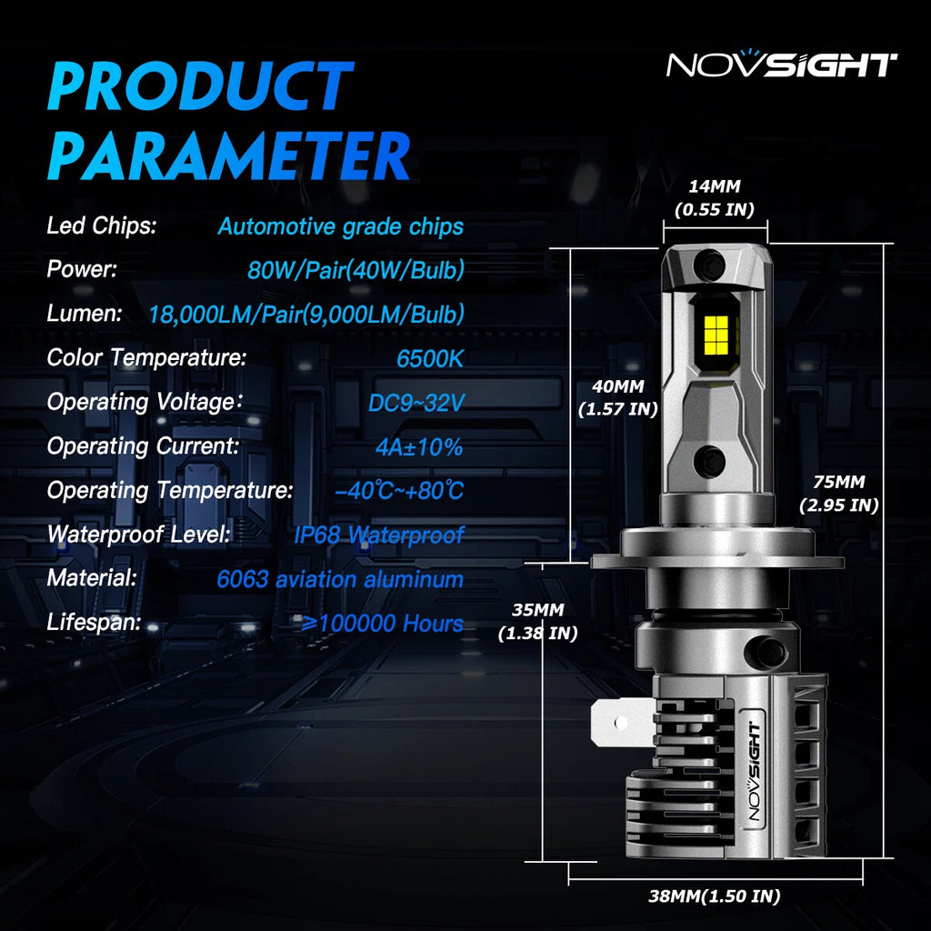 2X H7 LED Headlight Bulbs for NOVSIGHT (80W 18000LM 6500K)