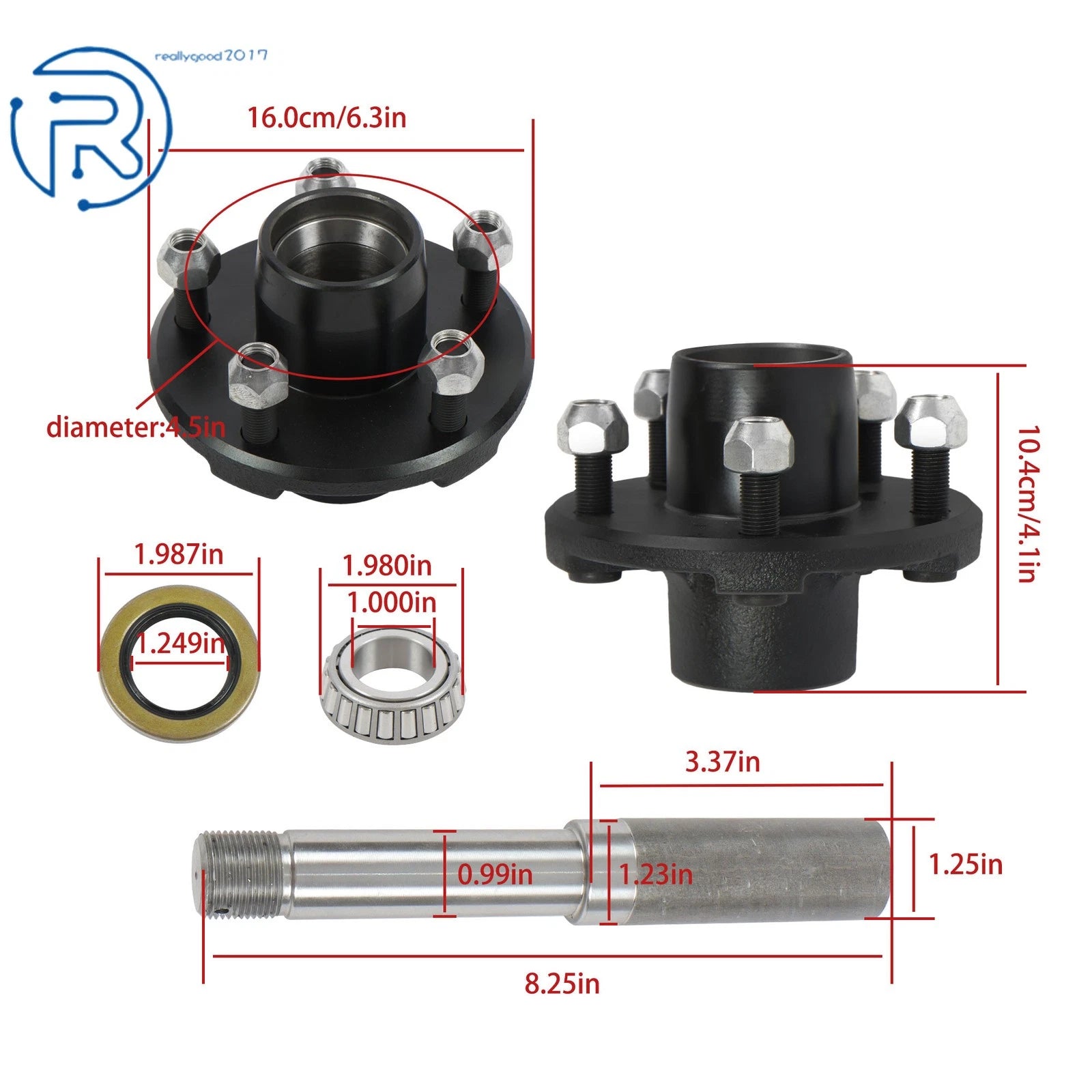 Trailer Hub Kit for 5 on 4.5" Spindle (1" Round)