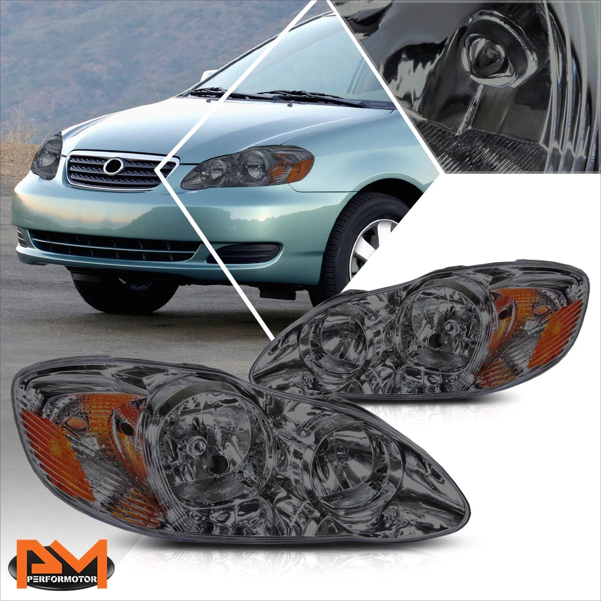 Smoked Housing Headlight & Amber Side Corner Signal Lamps for Corolla (2003–2008)