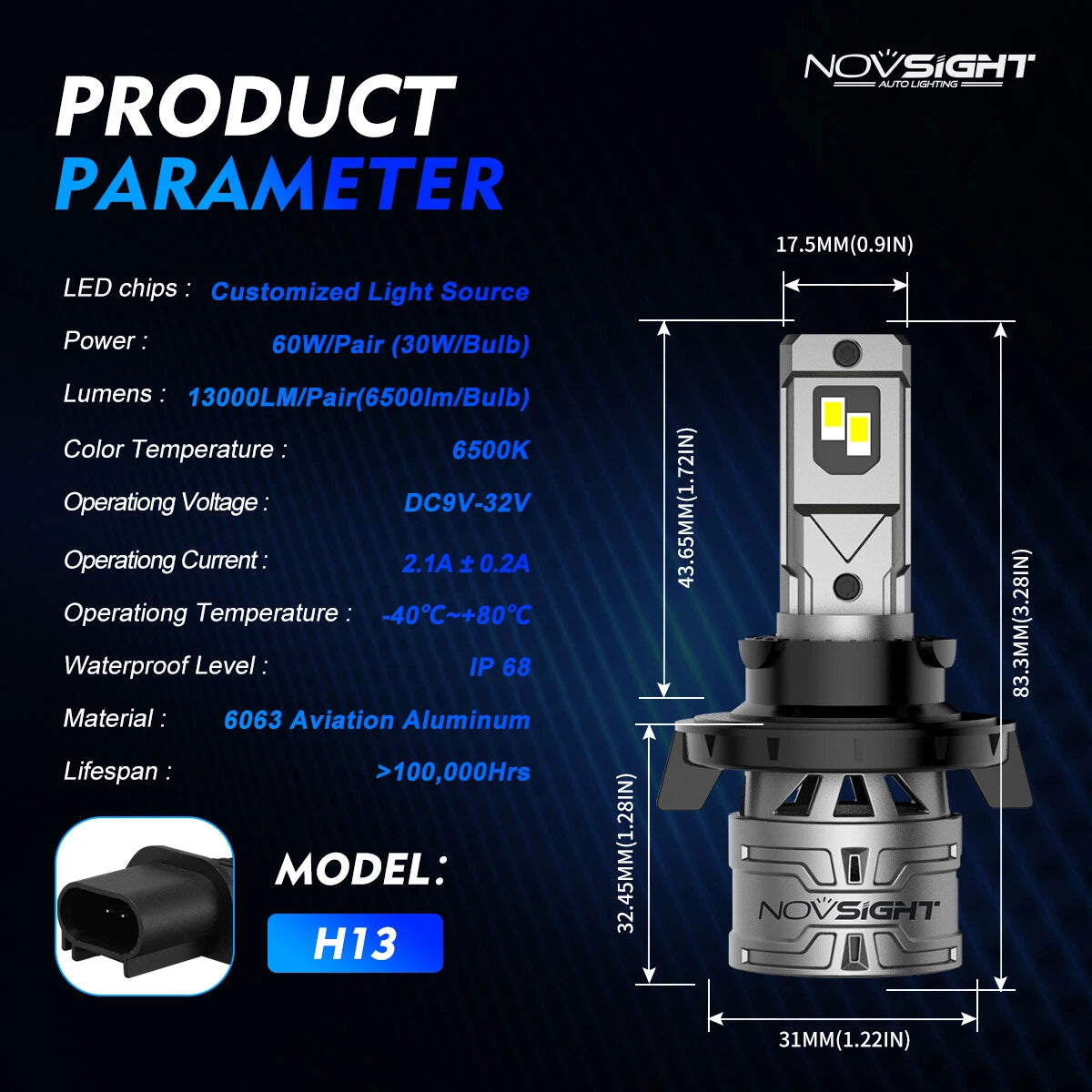 2X H13 9008 LED Headlight Bulbs for