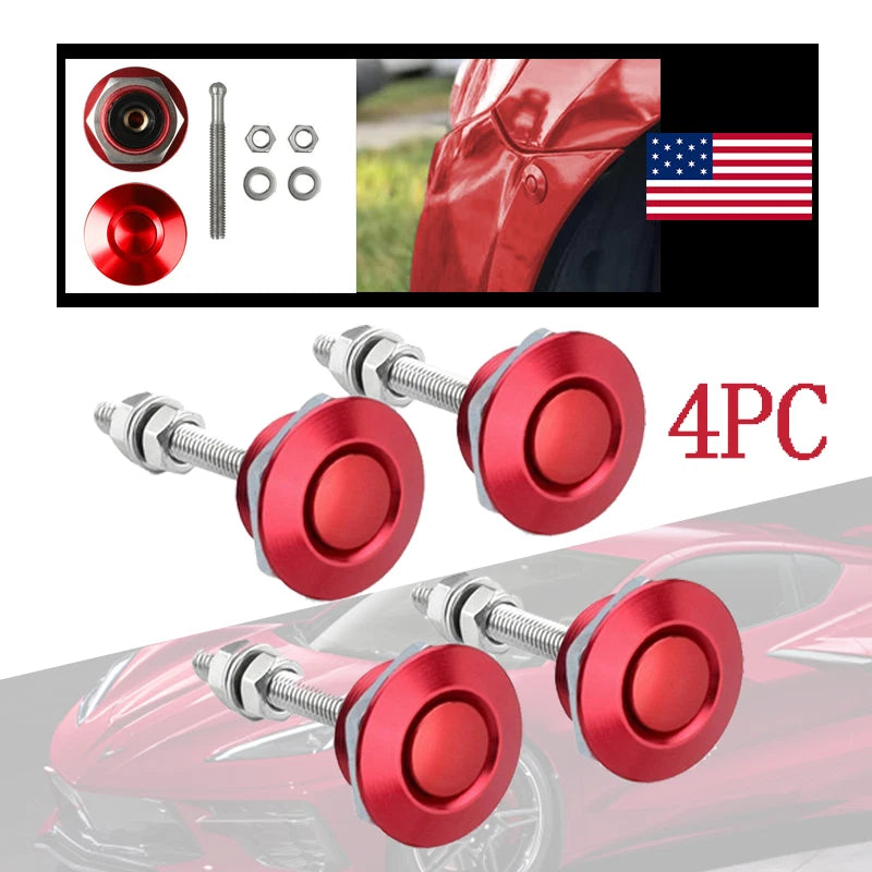 4X Red Push Button Quick Release Hood Pins for Universal Cars (USA)