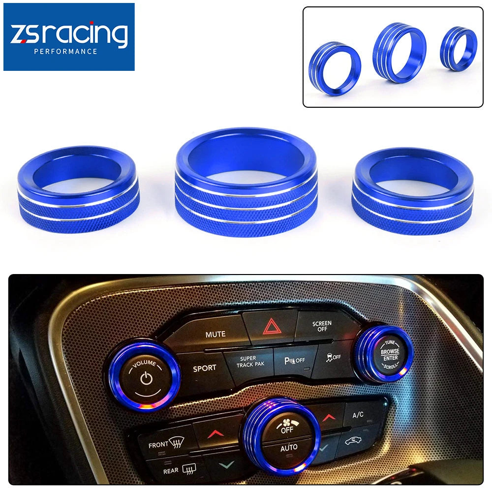 3X Blue AC Radio Switch Trim Ring Knob Cover for Dodge Challenger/Charger