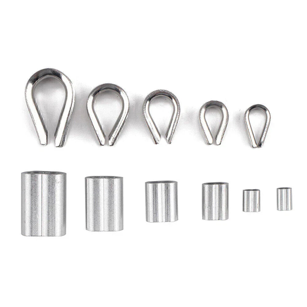 250Pcs Thimble & 6 Size Crimping Loop Sleeves for Wire Rope Cable
