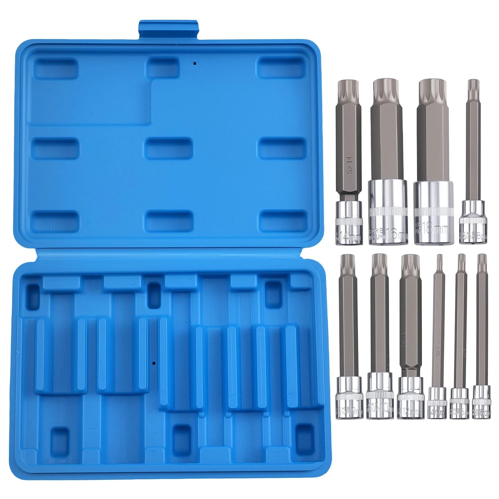 10pc Metric Spline Socket Bit Set 1/4 3/8 1/2 Dr Chrome Finish S2 Steel
